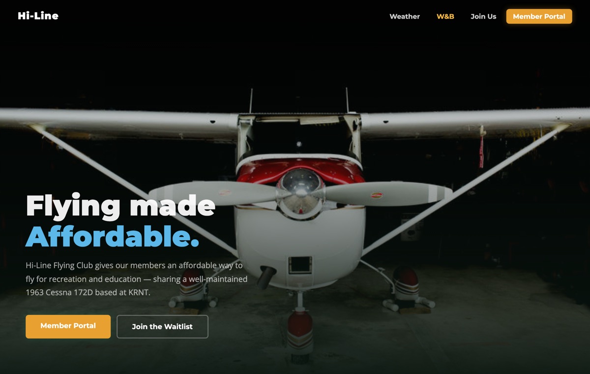 Screenshot of n2134y.com, the Hi-Line Flying Club · KRNT website