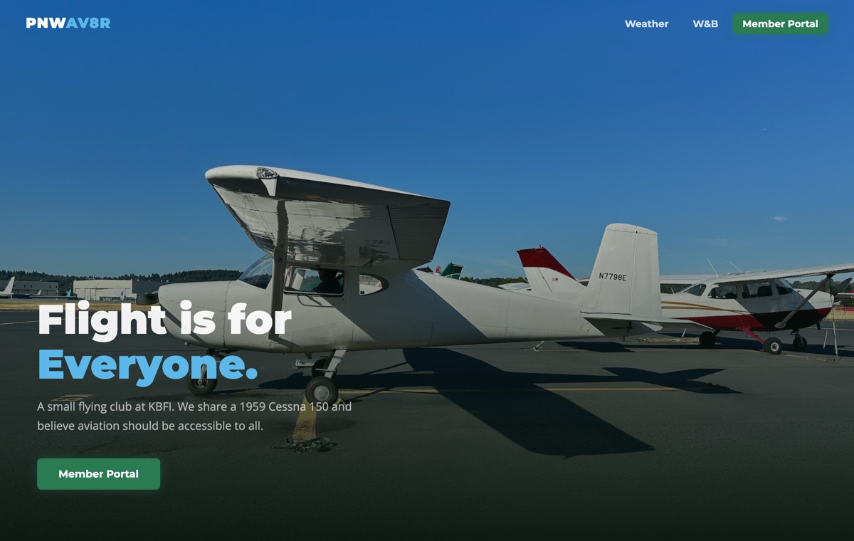 Screenshot of pnwav8r.com, the Pacific Northwest Flying Club · KBFI website